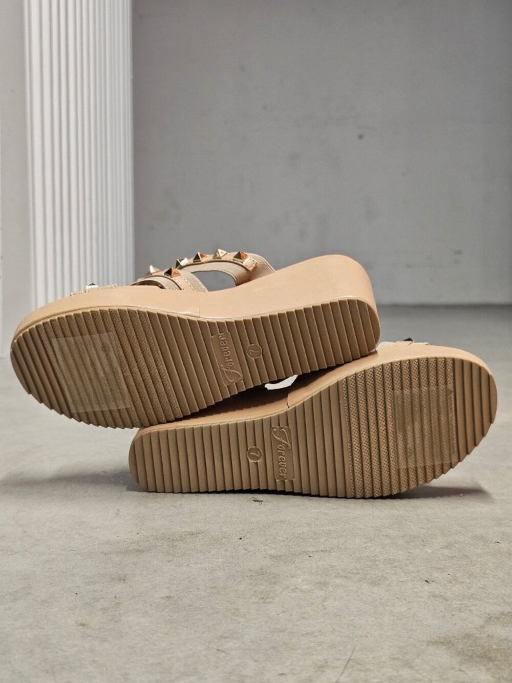 Studded Strap Nude Wedge Sandals For Women - Stylish Slip-On Platform Design Wit - Picture 8 of 12
